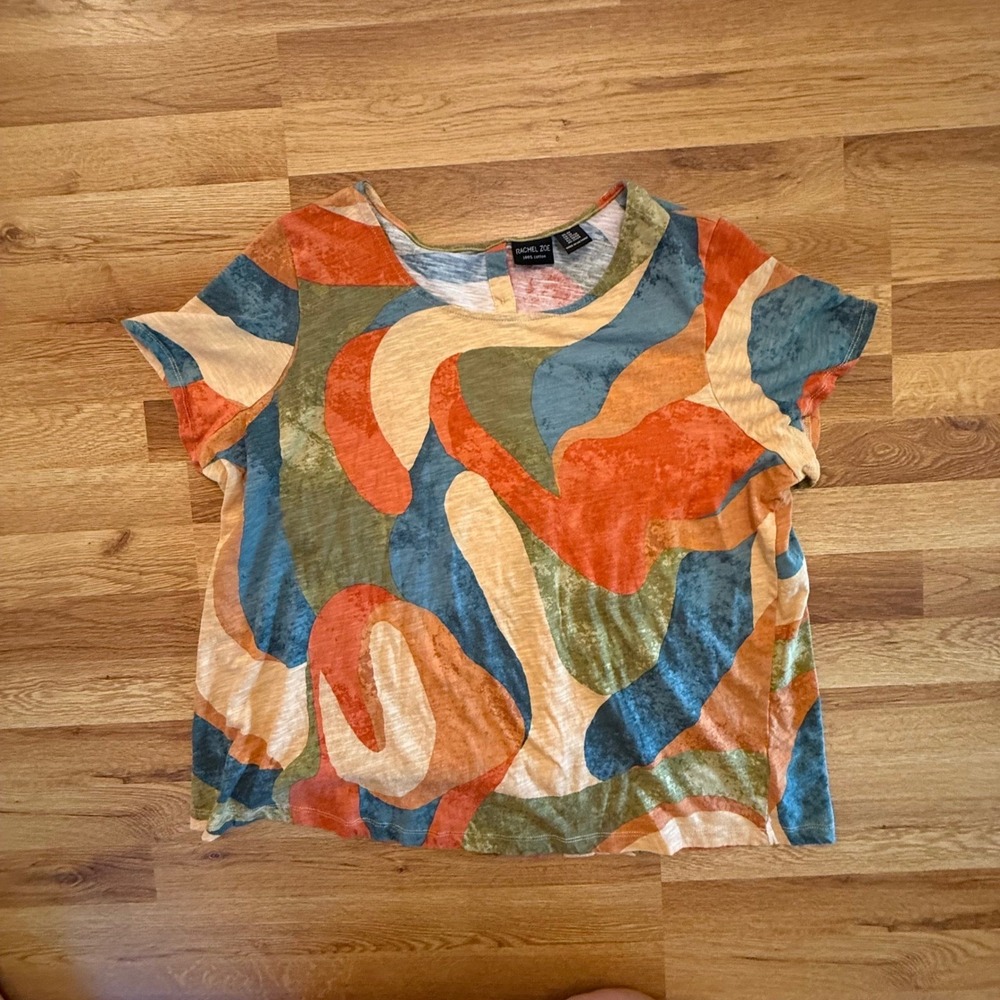 Rachel Zoe 2X Abstract Print‎ Top 100% Cotton Retro Mod Festival Travel Tee